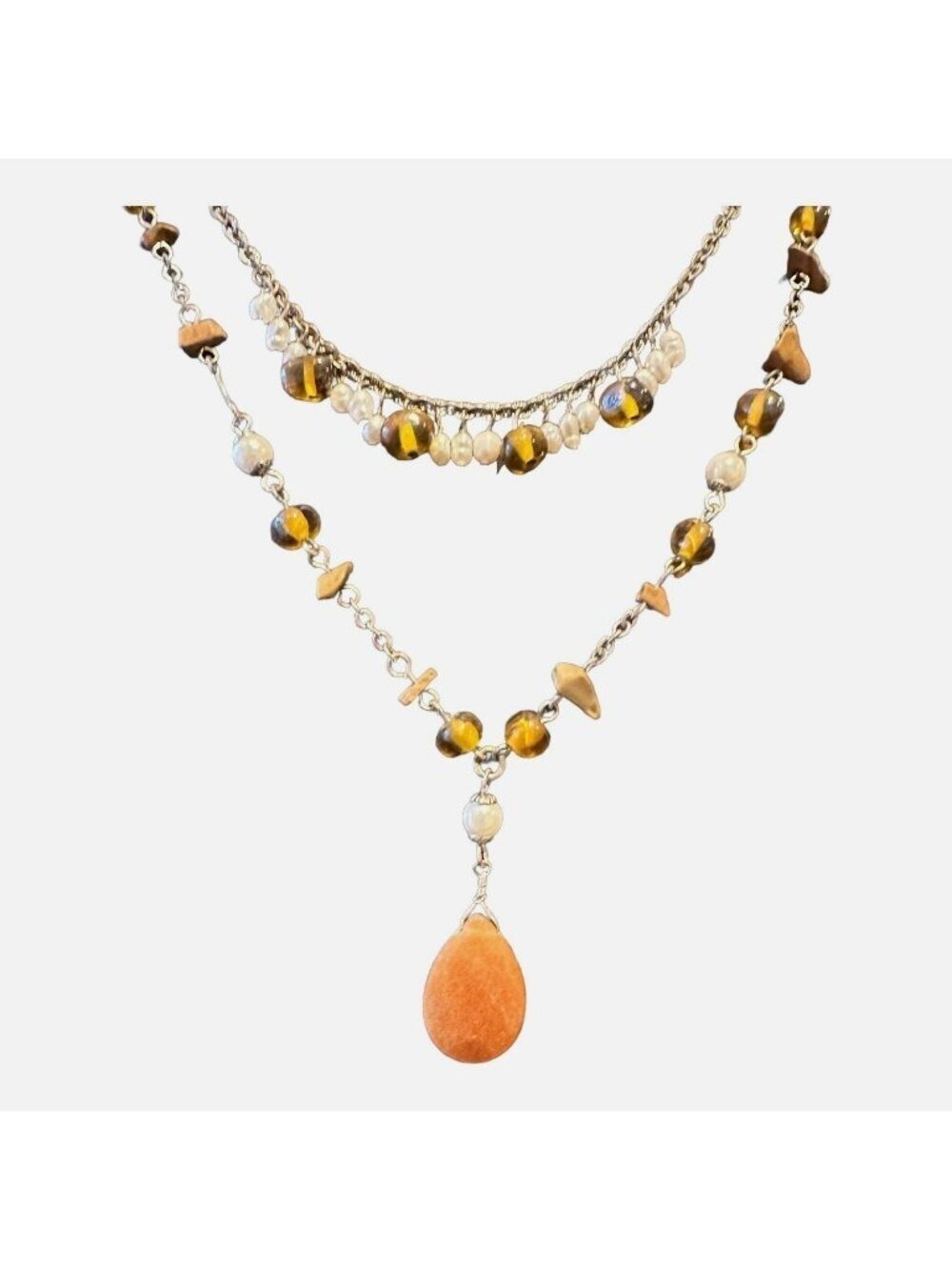 Vtg Avon Multi Strand Necklace Pearls Faux Amber Nephrite Jadeite Teardrop Boho